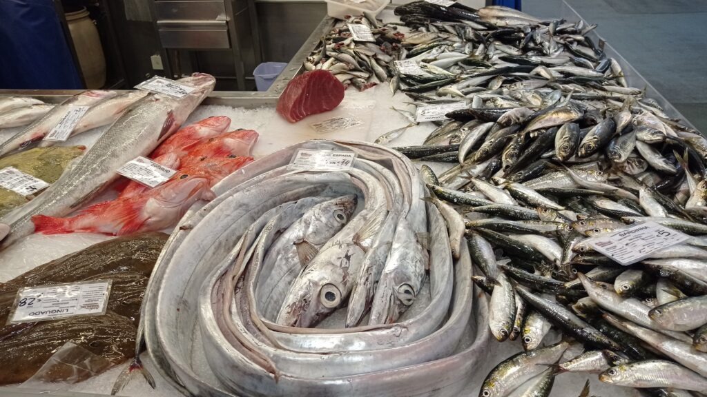Rybí trh s malými sardinkami a tkaničnicí a dalšími rybami