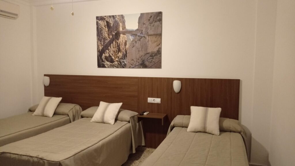 Hotelový pokoj s 3 jednolůžovými postelemi a obraz na stěně