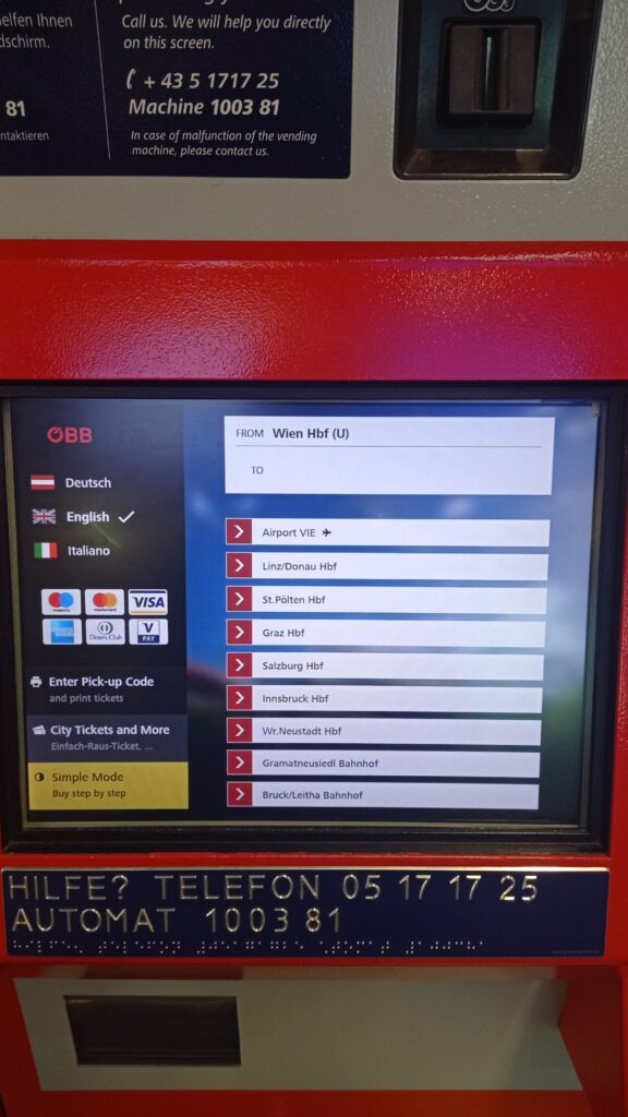 Automat na vlakové jízdenky společnosti OBB