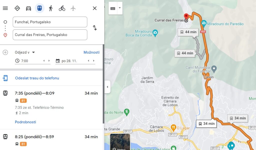 Trasa a jízdní řád v Google maps
