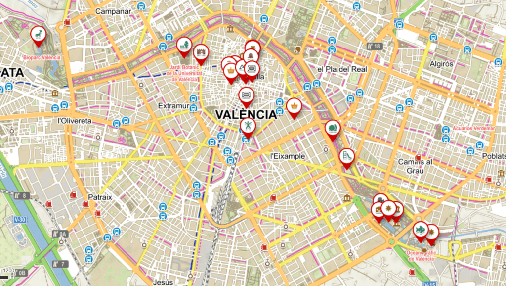 Mapa s označenými navštívenými místy ve Valencii