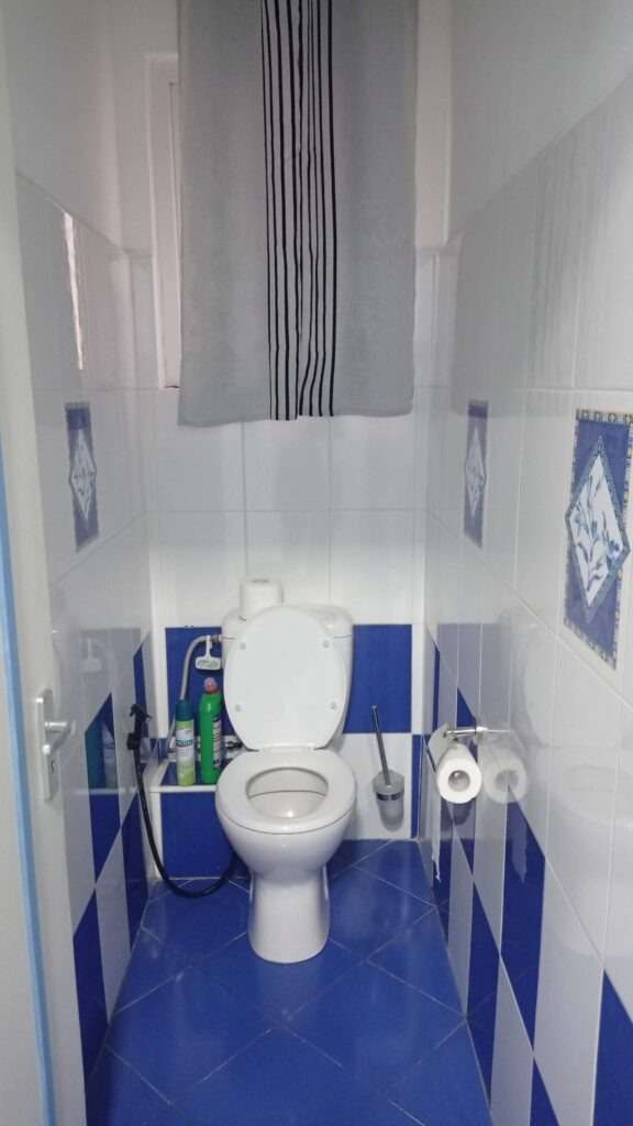 Záchod s modrobílými kachlíky