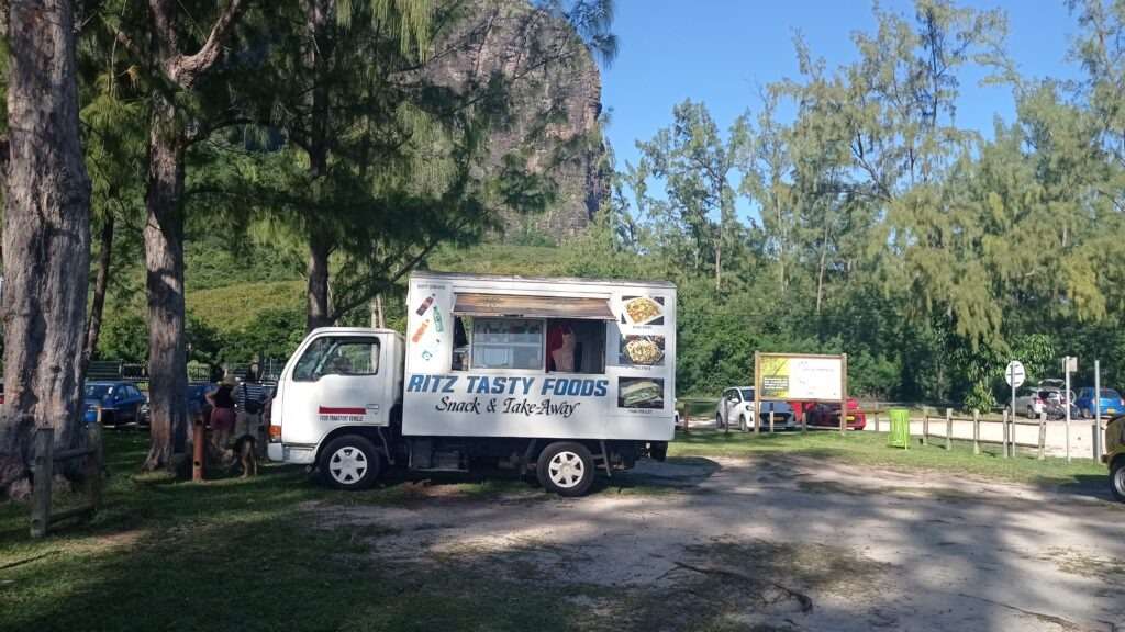 Food truck s jídlem a za ním zeleň a hora