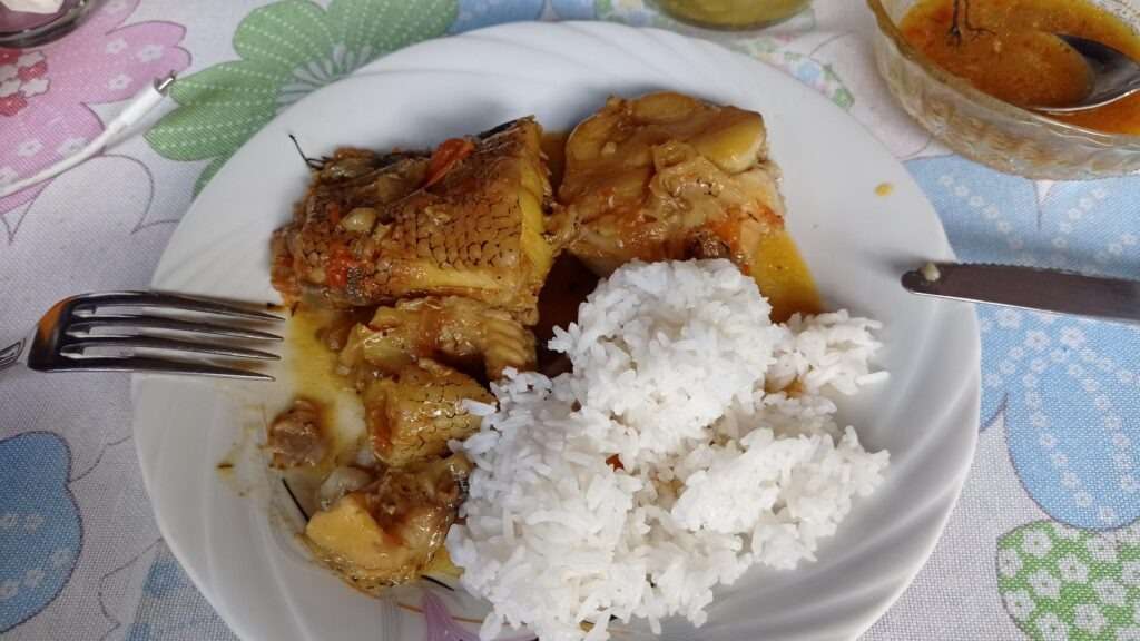 Talíř s rybím curry a rýží