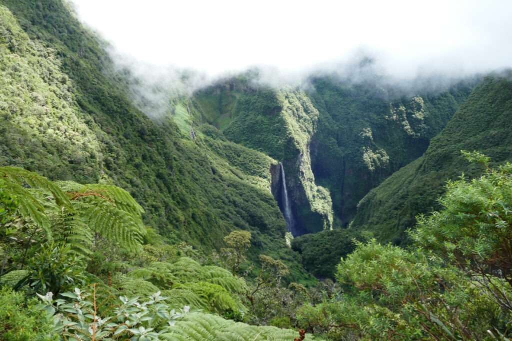 Výhled na vodopád obklopený zalesněnými horami