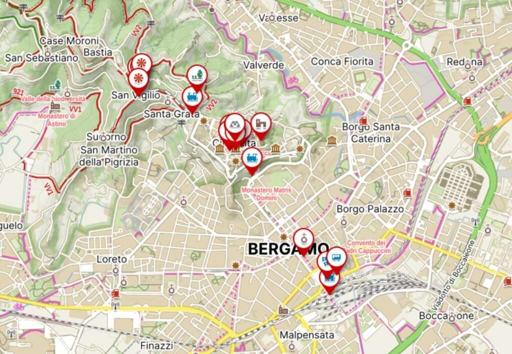 Mapa Bergama s vyznačenými navštívenými místy