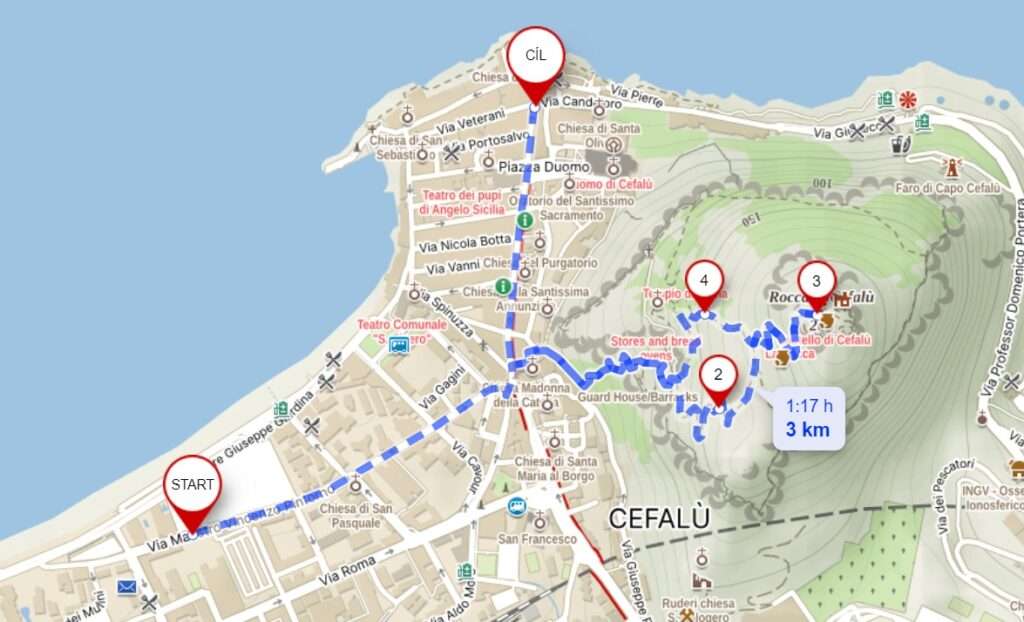 Mapa trasy v městečku Cefalu