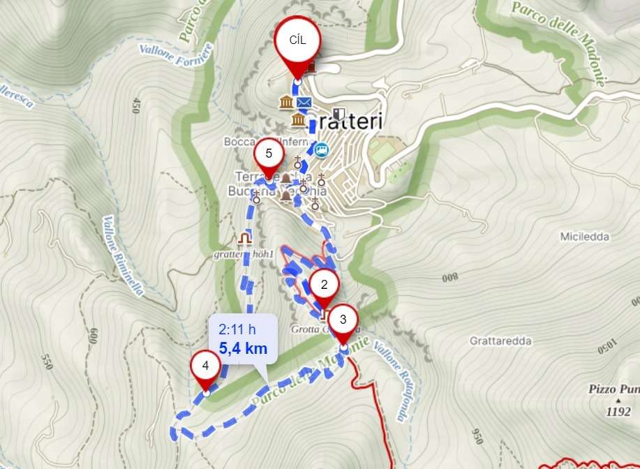 Mapa trasy v okolí městečka Gratteri