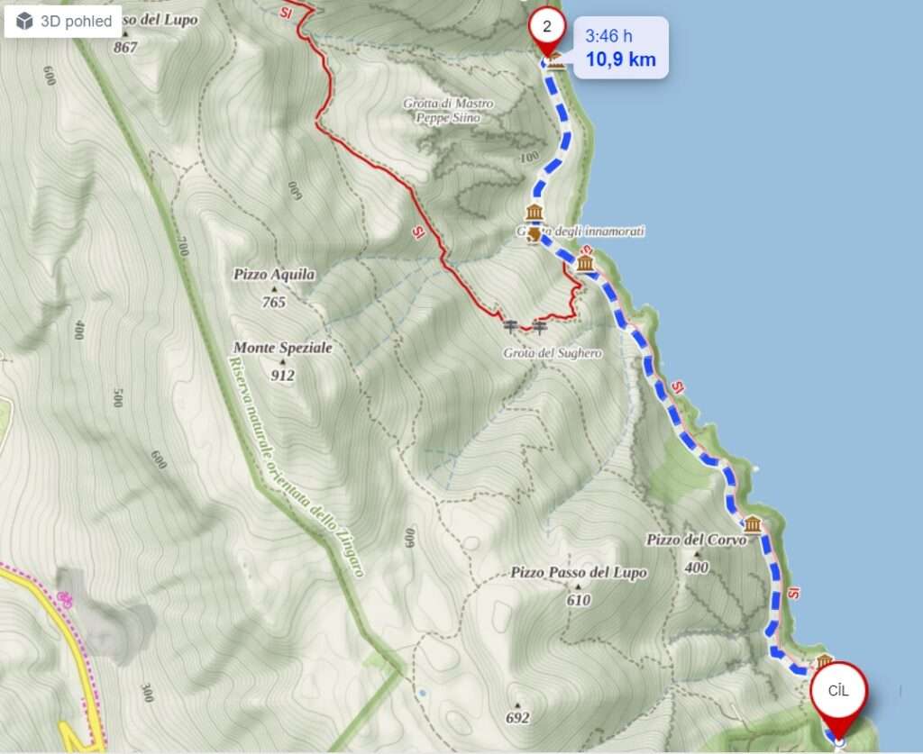 Mapa trasy v přírodní rezervaci Zingaro