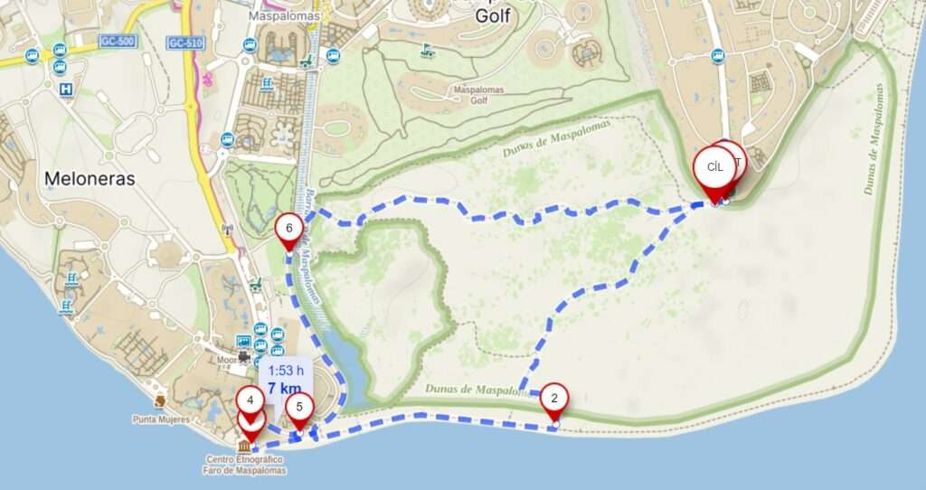 Mapa trasy kolem dun Maspalomas