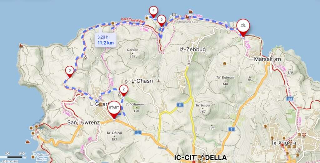 Mapa ostrova Gozo s vyznačenou trasou