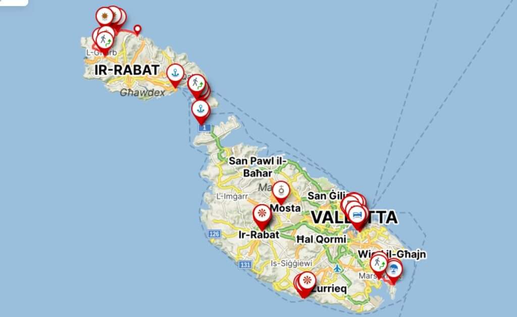 Malta - mapa s navštívenými místy