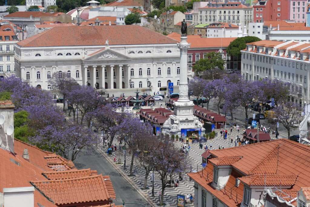náměstí Rossio v Lisabonu s kvetoucími žakarandami