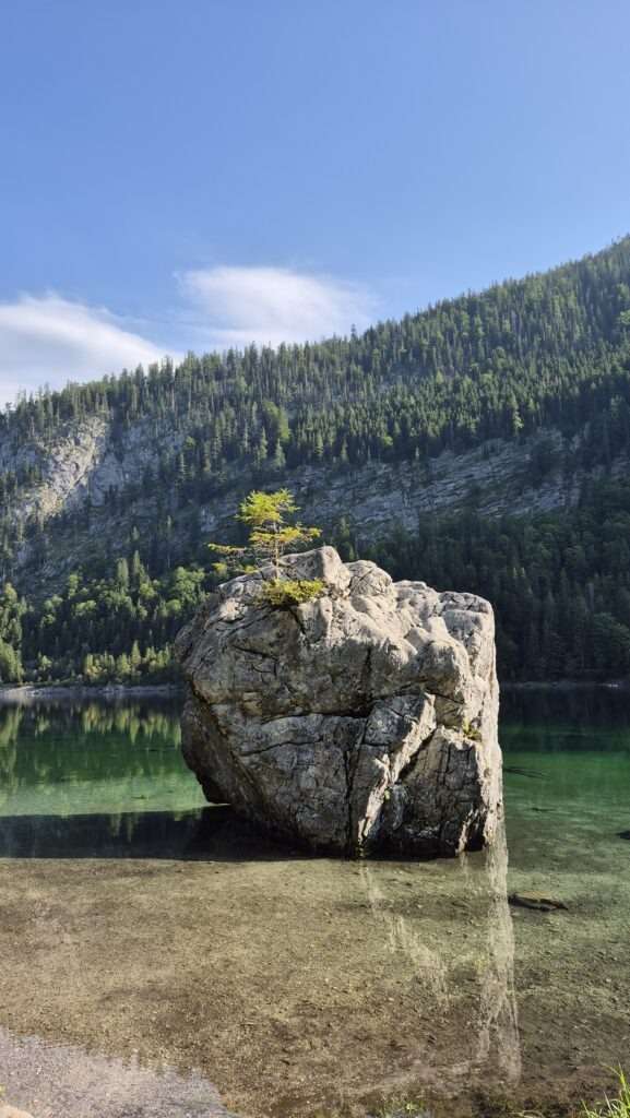 Velký balvan u břehu horského jezera Gosausee