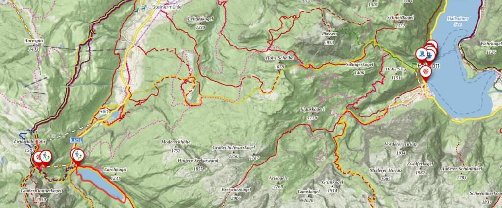 Mapa - Rakousko navštívená místa v okolí Hallstattu