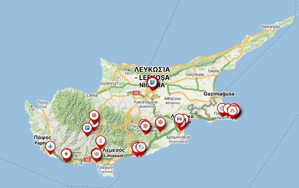 Mapa Kypru s vyznačenými místy, která jsme navštívili během cestování po ostrově.